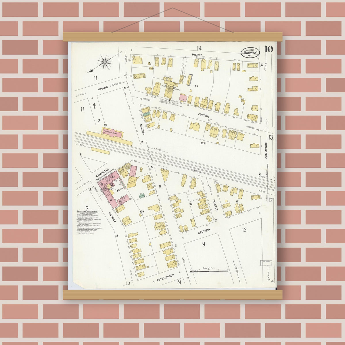 Old map wall art mockup — magnetic wood frame on brick wall — Sanborn Fire Insurance Map from Rahway, Union County, New Jersey (1908), Sheet #0010