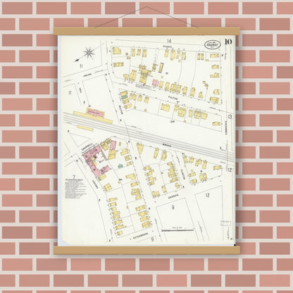 Old map wall art mockup — magnetic wood frame on brick wall — Sanborn Fire Insurance Map from Rahway, Union County, New Jersey (1908), Sheet #0010