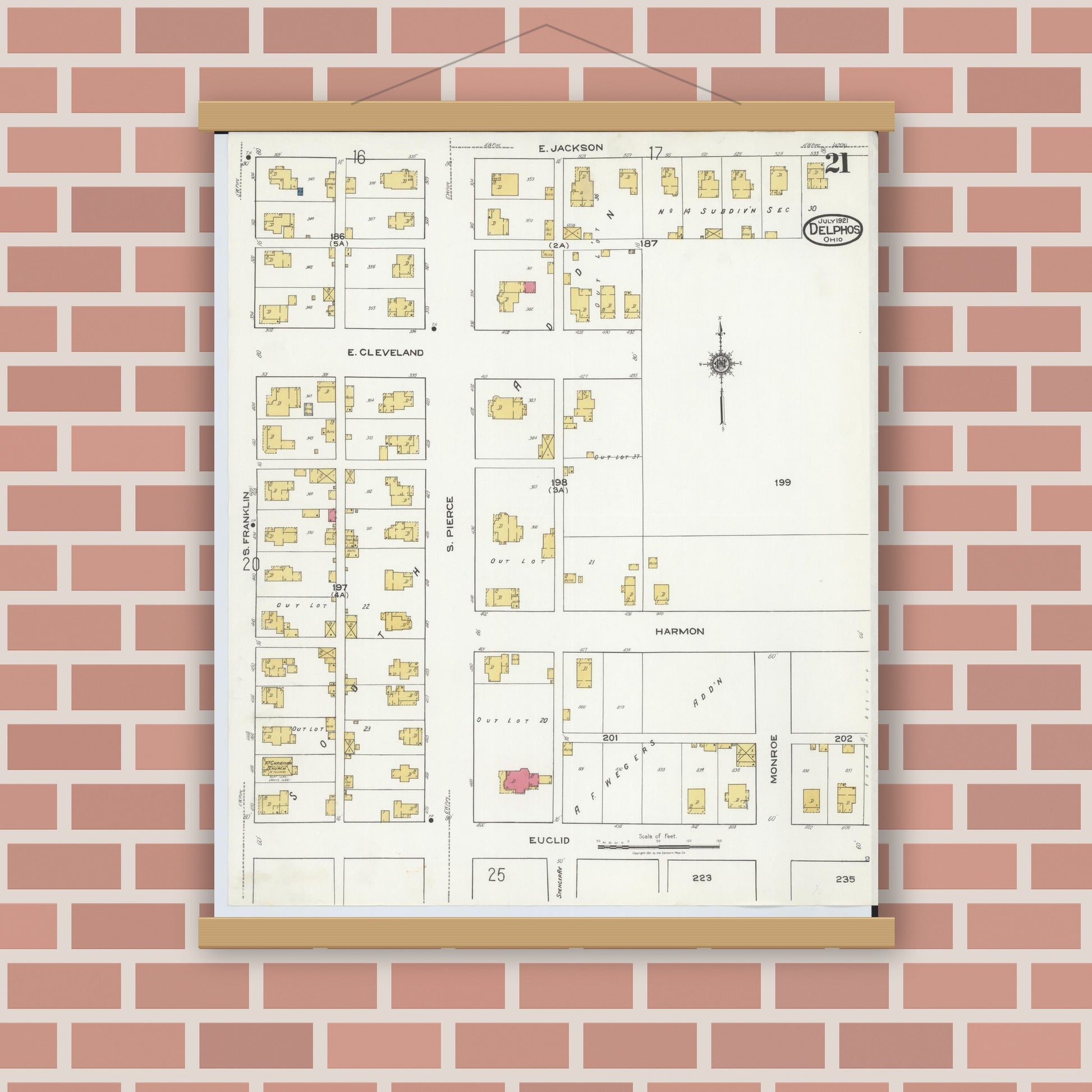 Old map wall art mockup — magnetic wood frame on brick wall — Sanborn Fire Insurance Map from Delphos, Van Wert And Allen Counties, Ohio (1921), Sheet #0021
