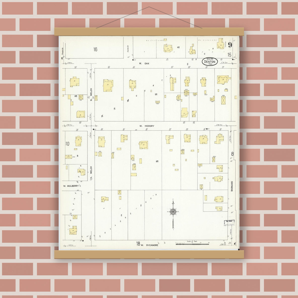 Old map wall art mockup — magnetic wood frame on brick wall — Sanborn Fire Insurance Map from Denton, Denton County, Texas (1912), Sheet #0009