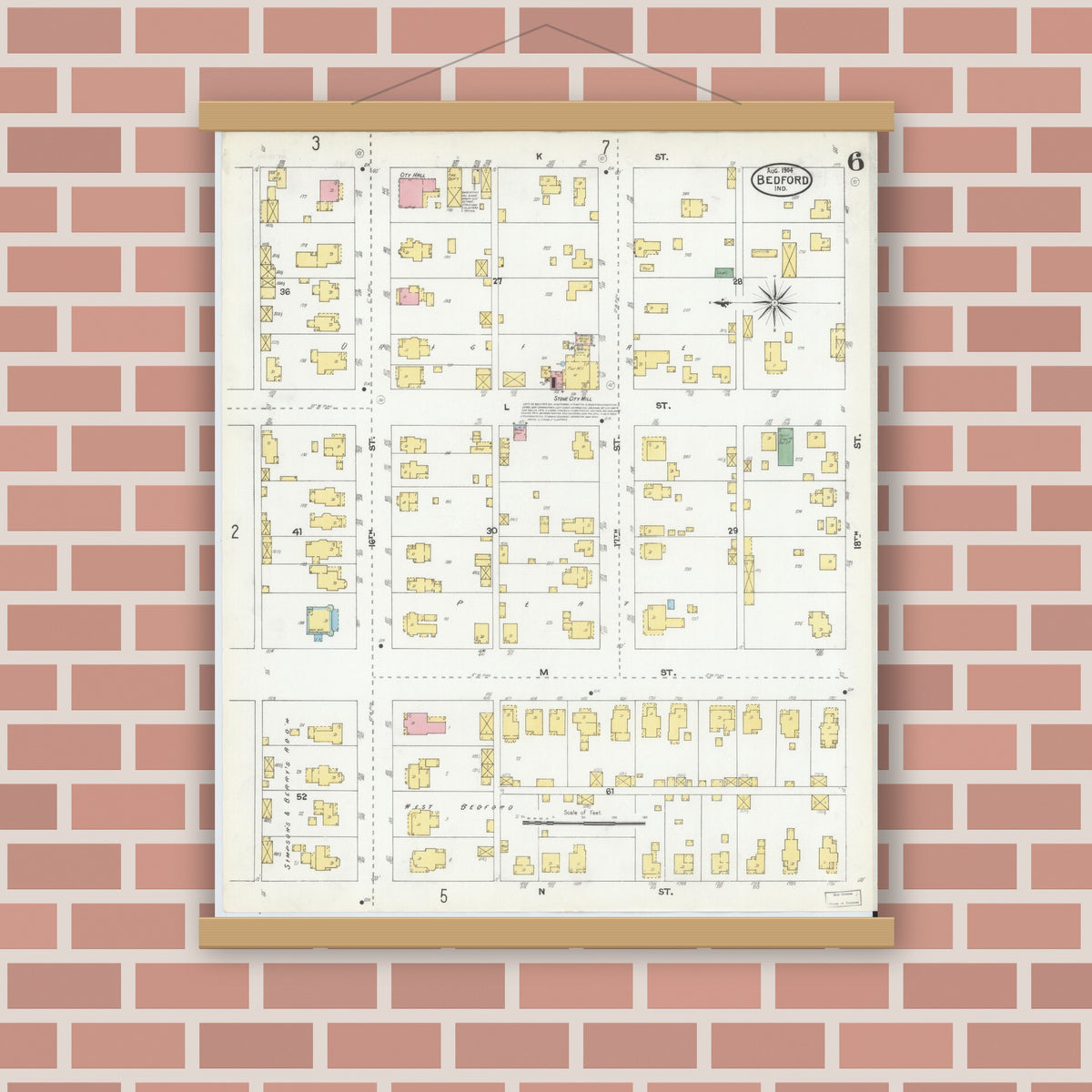 Old map wall art mockup — magnetic wood frame on brick wall — Sanborn Fire Insurance Map from Bedford, Lawrence County, Indiana (1904), Sheet #0006