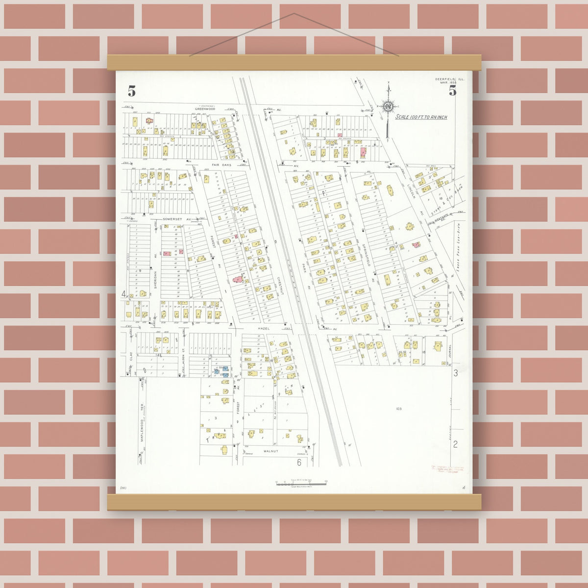 Old map wall art mockup — magnetic wood frame on brick wall — Sanborn Fire Insurance Map from Deerfield, Lake County, Illinois (1935), Sheet #0005