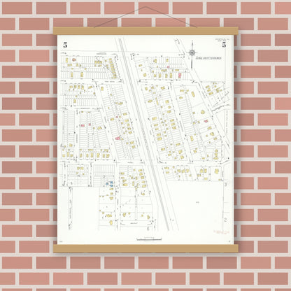 Old map wall art mockup — magnetic wood frame on brick wall — Sanborn Fire Insurance Map from Deerfield, Lake County, Illinois (1935), Sheet #0005