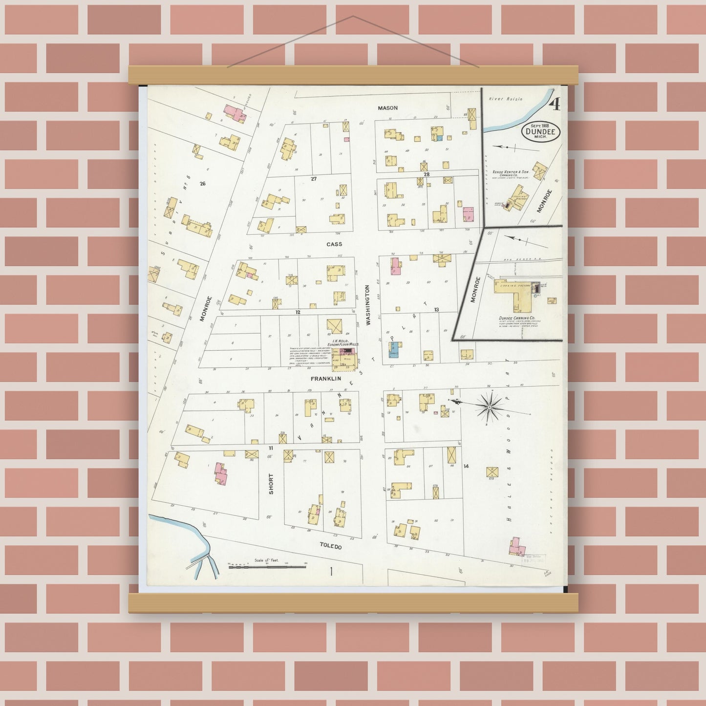 Old map wall art mockup — magnetic wood frame on brick wall — Sanborn Fire Insurance Map from Dundee, Monroe County, Michigan (1908), Sheet #0004