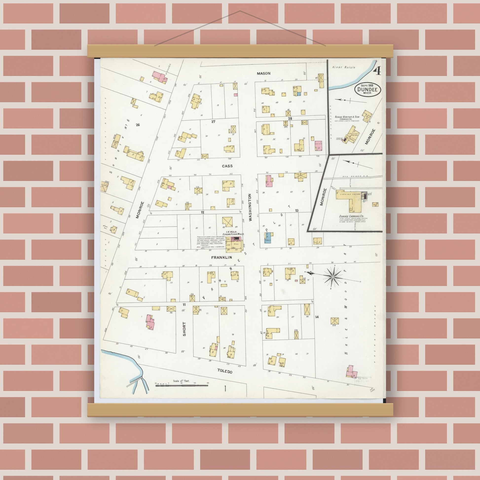 Old map wall art mockup — magnetic wood frame on brick wall — Sanborn Fire Insurance Map from Dundee, Monroe County, Michigan (1908), Sheet #0004