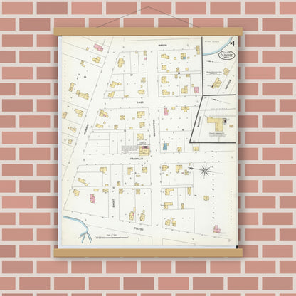 Old map wall art mockup — magnetic wood frame on brick wall — Sanborn Fire Insurance Map from Dundee, Monroe County, Michigan (1908), Sheet #0004