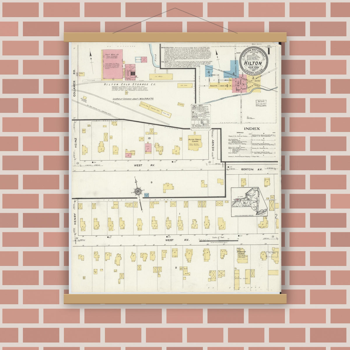 Old map wall art mockup — magnetic wood frame on brick wall — Sanborn Fire Insurance Map from Hilton, Monroe County, New York (1917) - Complete Map Set