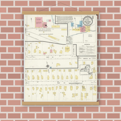 Old map wall art mockup — magnetic wood frame on brick wall — Sanborn Fire Insurance Map from Hilton, Monroe County, New York (1917) - Complete Map Set