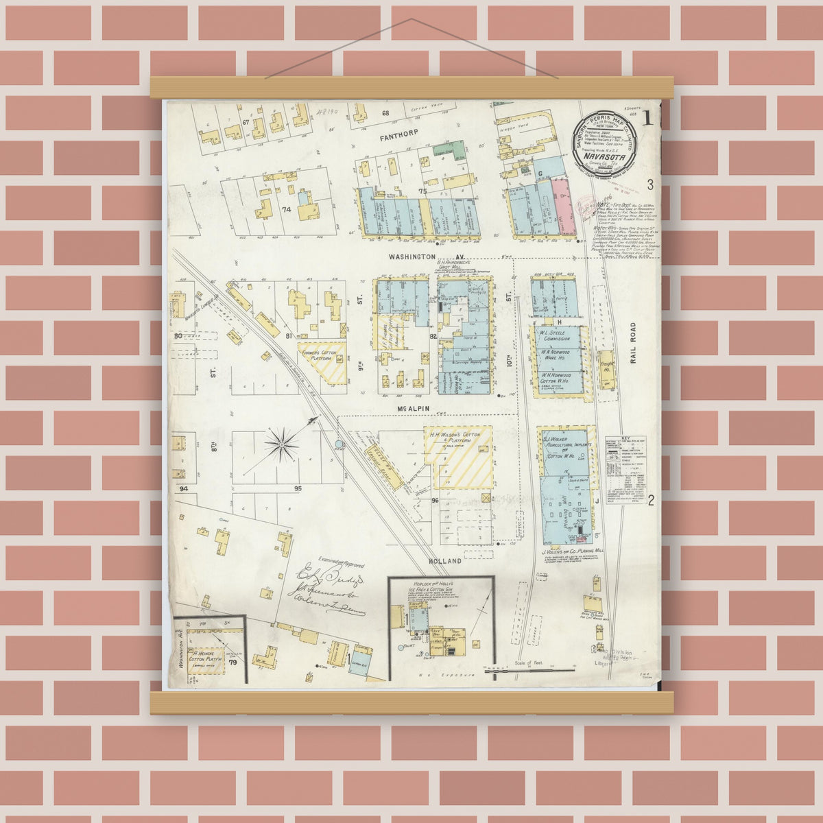 Old map wall art mockup — magnetic wood frame on brick wall — Sanborn Fire Insurance Map from Navasota, Grimes County, Texas (1896) - Complete Map Set