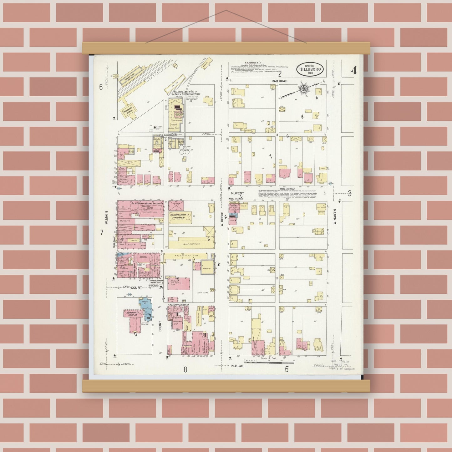 Old map wall art mockup — magnetic wood frame on brick wall — Sanborn Fire Insurance Map from Hillsboro, Highland County, Ohio (1911), Sheet #0004