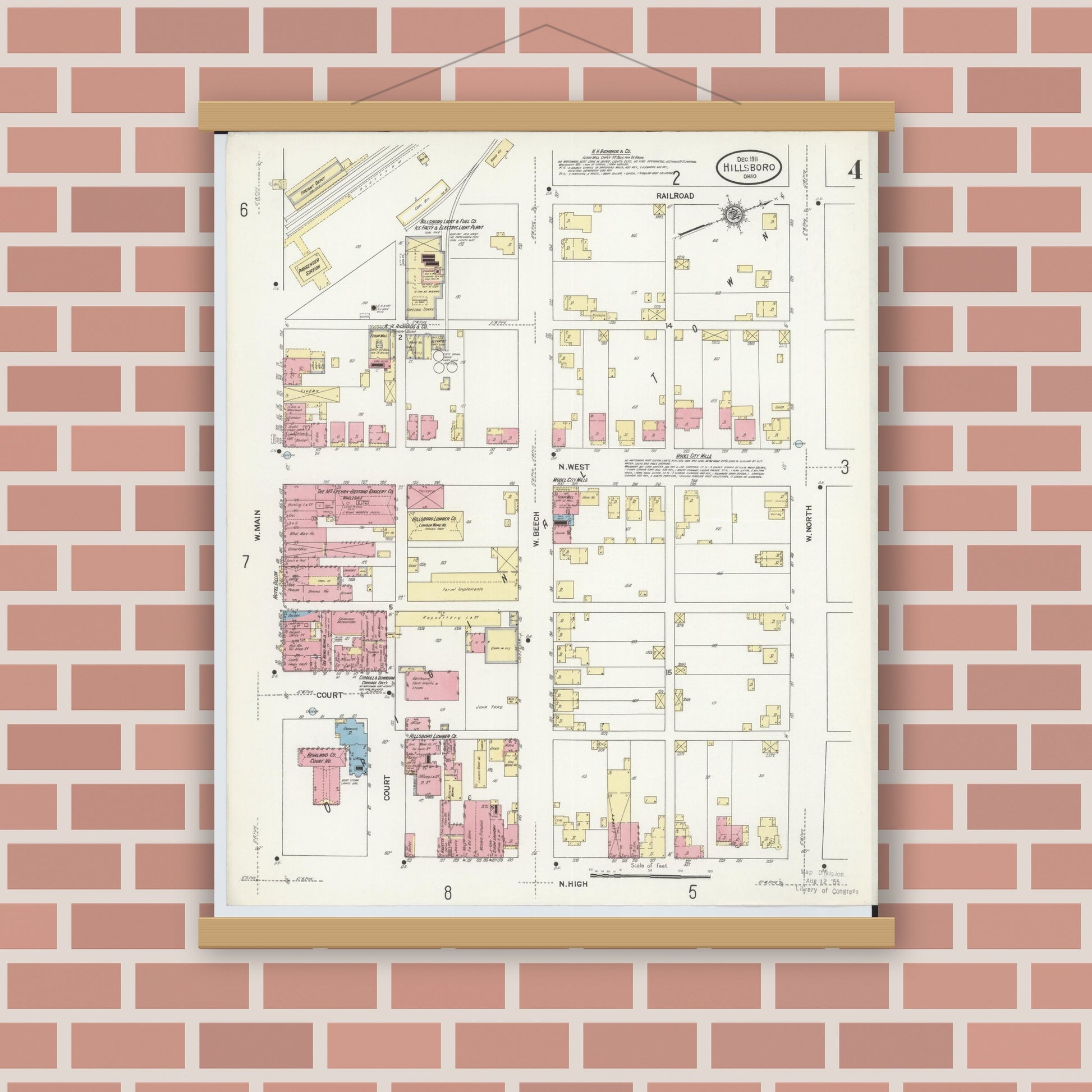 Old map wall art mockup — magnetic wood frame on brick wall — Sanborn Fire Insurance Map from Hillsboro, Highland County, Ohio (1911), Sheet #0004