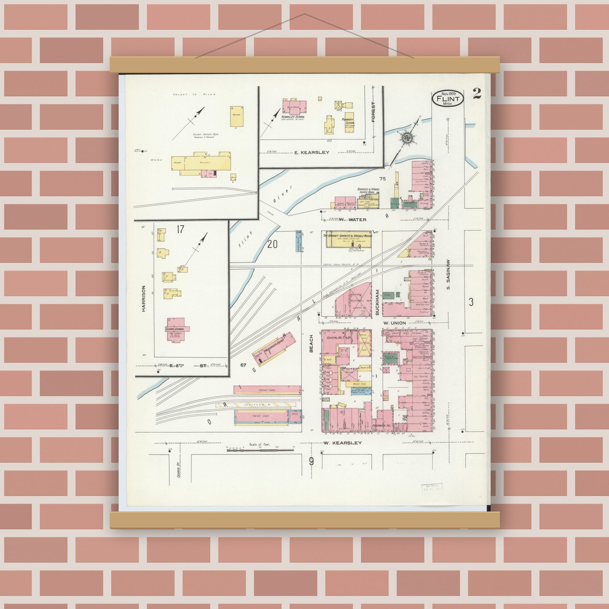 Old map wall art mockup — magnetic wood frame on brick wall — Sanborn Fire Insurance Map from Flint, Genesee County, Michigan (1909), Sheet #0002