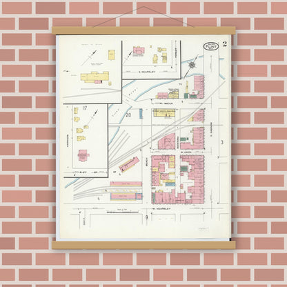 Old map wall art mockup — magnetic wood frame on brick wall — Sanborn Fire Insurance Map from Flint, Genesee County, Michigan (1909), Sheet #0002