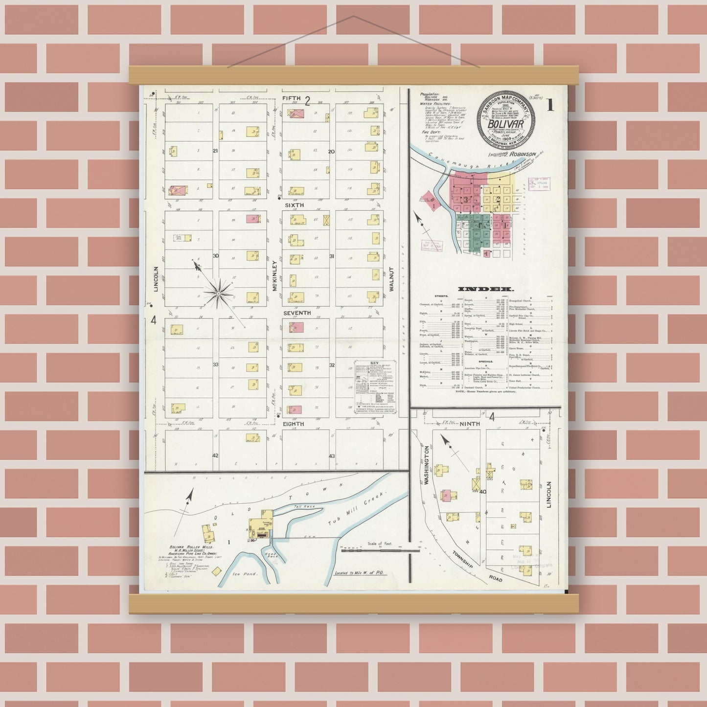 Old map wall art mockup — magnetic wood frame on brick wall — Sanborn Fire Insurance Map from Bolivar, Westmoreland County, Pennsylvania (1909) - Complete Map Set