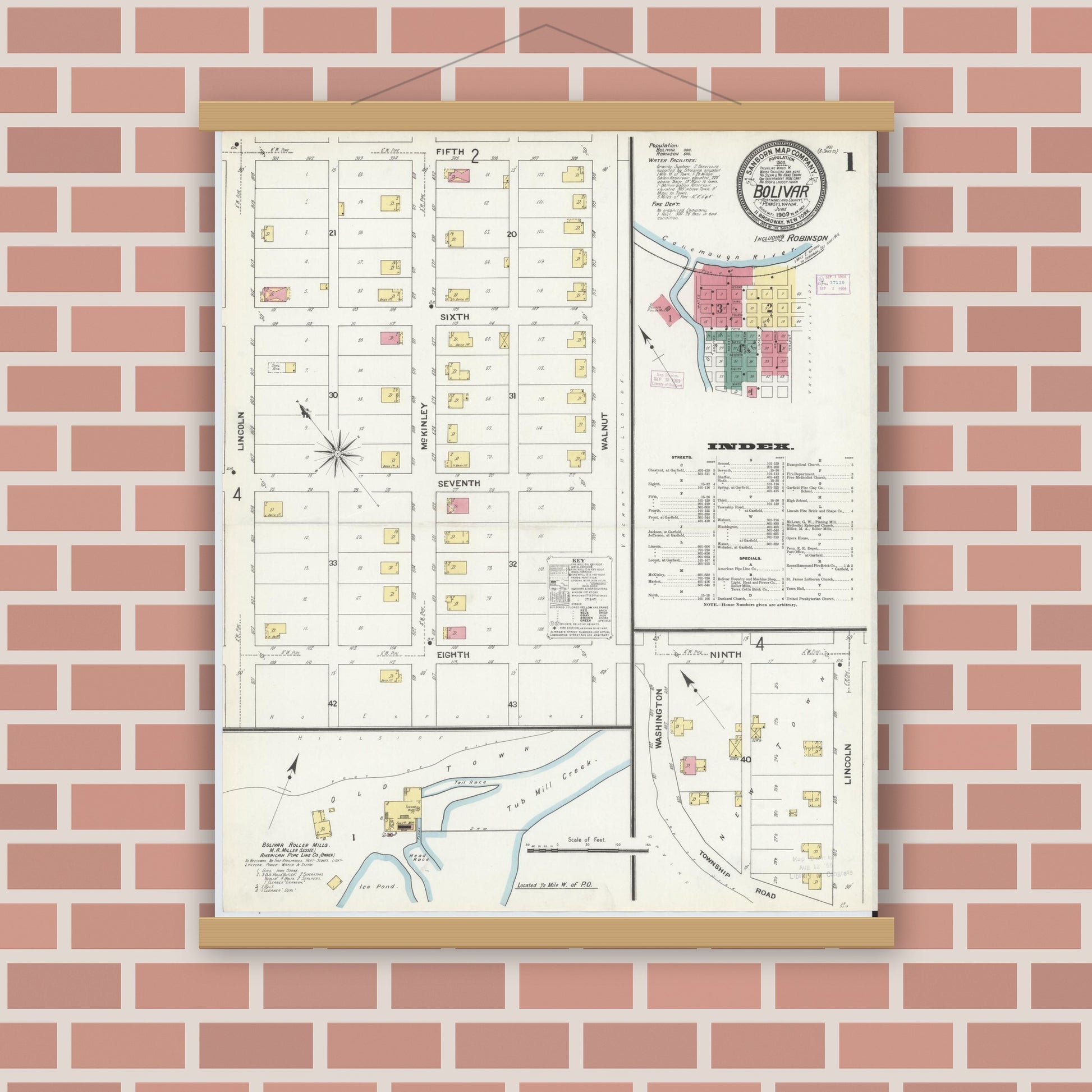 Old map wall art mockup — magnetic wood frame on brick wall — Sanborn Fire Insurance Map from Bolivar, Westmoreland County, Pennsylvania (1909) - Complete Map Set