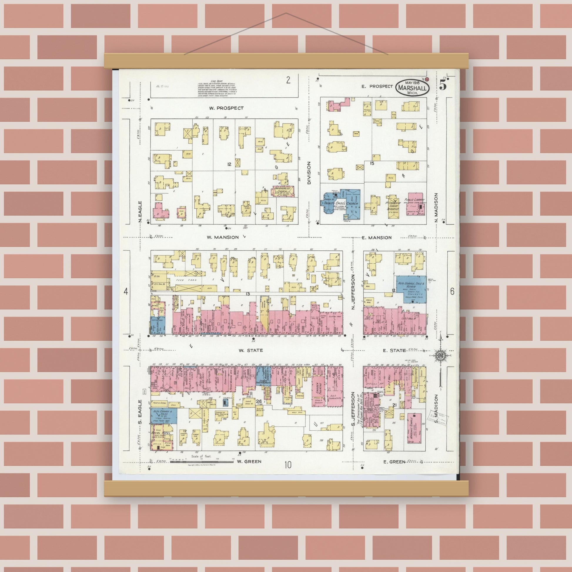 Old map wall art mockup — magnetic wood frame on brick wall — Sanborn Fire Insurance Map from Marshall, Calhoun County, Michigan (1916), Sheet #0005