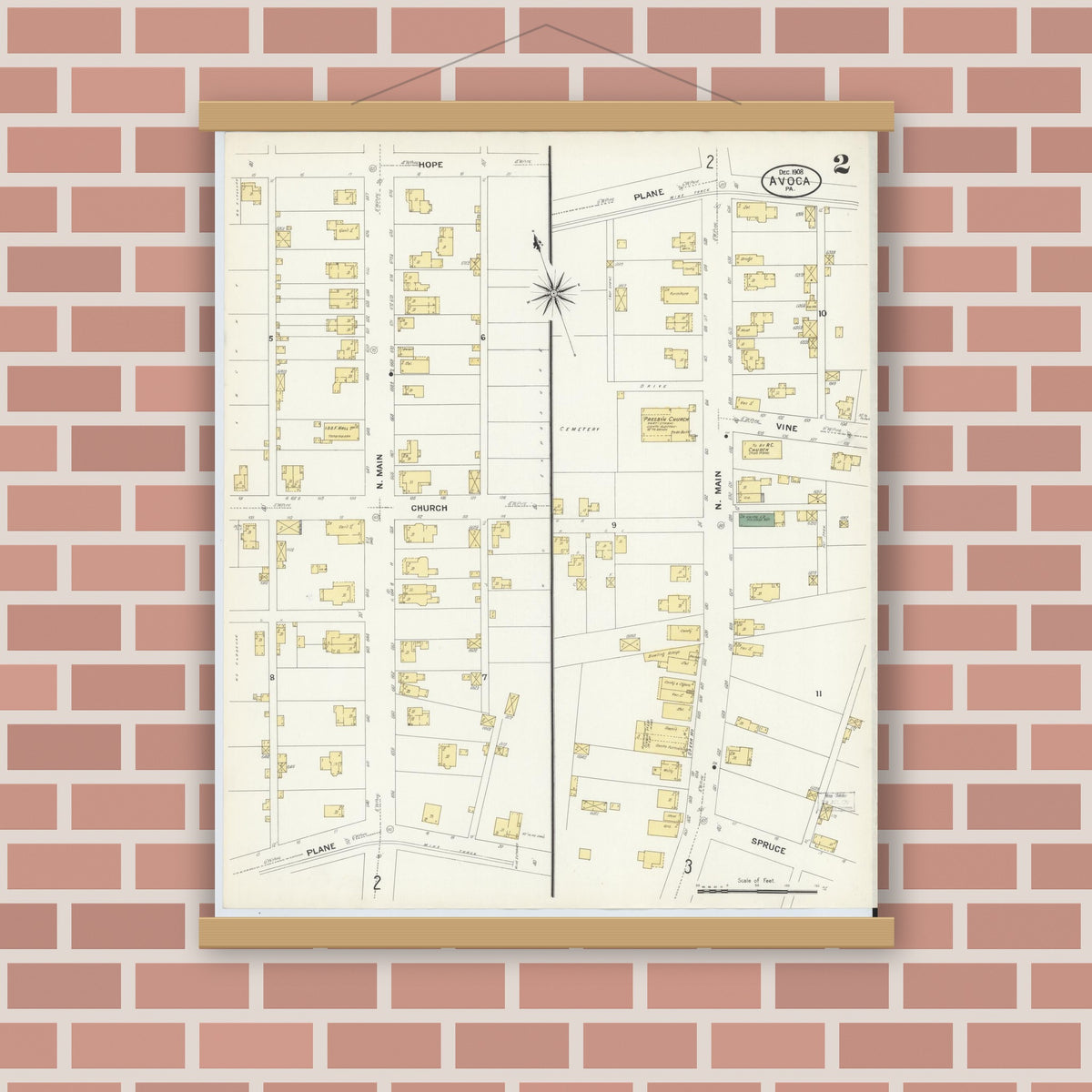 Old map wall art mockup — magnetic wood frame on brick wall — Sanborn Fire Insurance Map from Avoca, Luzerne County, Pennsylvania (1908), Sheet #0002