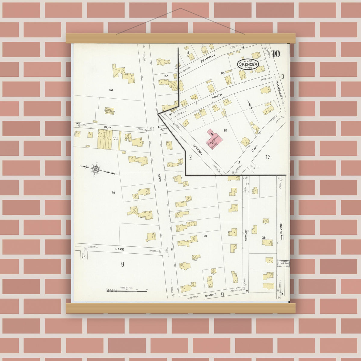 Old map wall art mockup — magnetic wood frame on brick wall — Sanborn Fire Insurance Map from Spencer, Worcester County, Massachusetts (1912), Sheet #0010
