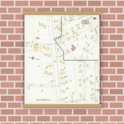 Old map wall art mockup — magnetic wood frame on brick wall — Sanborn Fire Insurance Map from Spencer, Worcester County, Massachusetts (1912), Sheet #0010