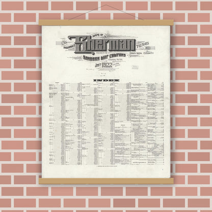 Old map wall art mockup — magnetic wood frame on brick wall — Sanborn Fire Insurance Map from Sherman, Grayson County, Texas (1922), Sheet #0001