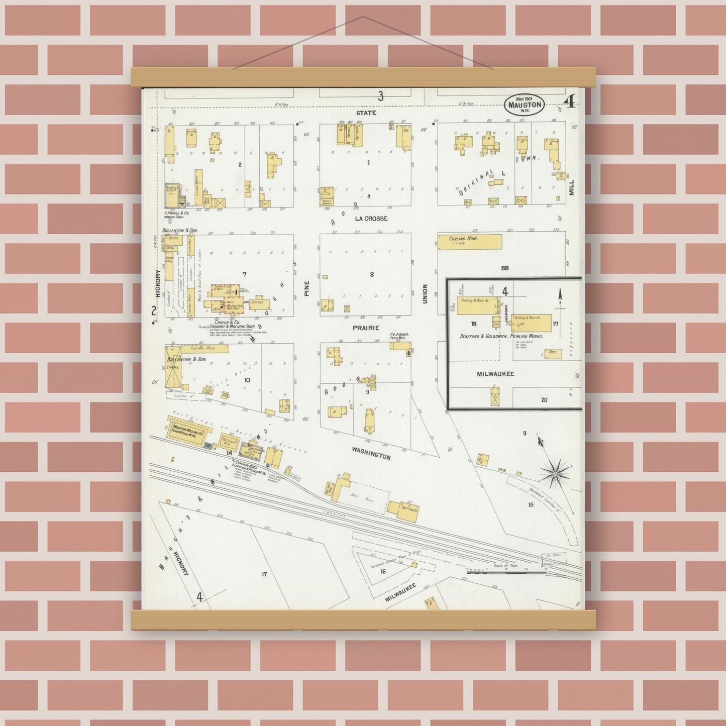 Old map wall art mockup — magnetic wood frame on brick wall — Sanborn Fire Insurance Map from Mauston, Juneau County, Wisconsin (1901), Sheet #0004