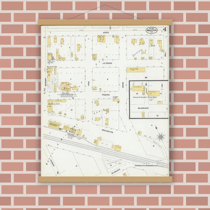 Old map wall art mockup — magnetic wood frame on brick wall — Sanborn Fire Insurance Map from Mauston, Juneau County, Wisconsin (1901), Sheet #0004