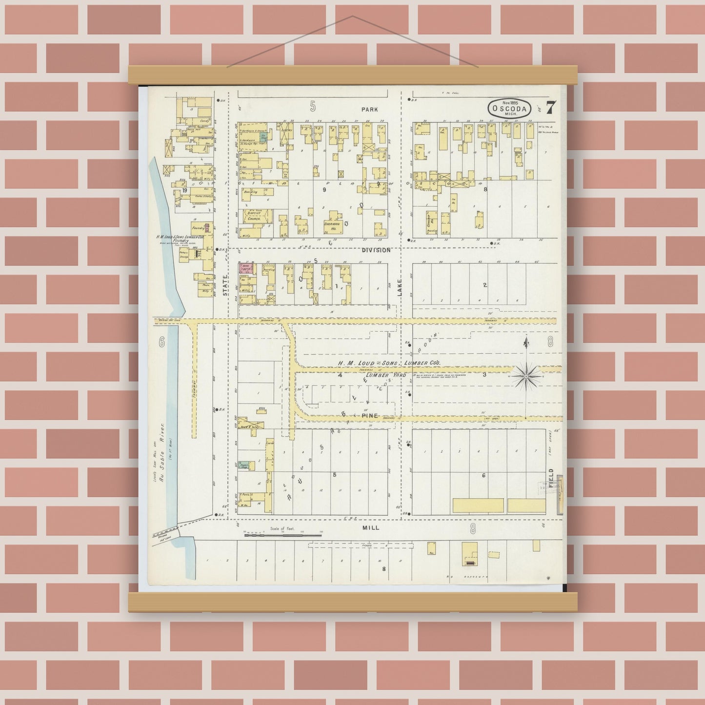 Old map wall art mockup — magnetic wood frame on brick wall — Sanborn Fire Insurance Map from Oscoda, Iosco County, Michigan (1895), Sheet #0007