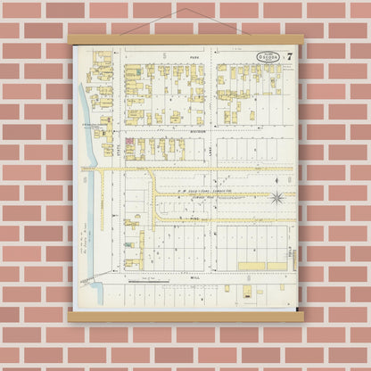 Old map wall art mockup — magnetic wood frame on brick wall — Sanborn Fire Insurance Map from Oscoda, Iosco County, Michigan (1895), Sheet #0007