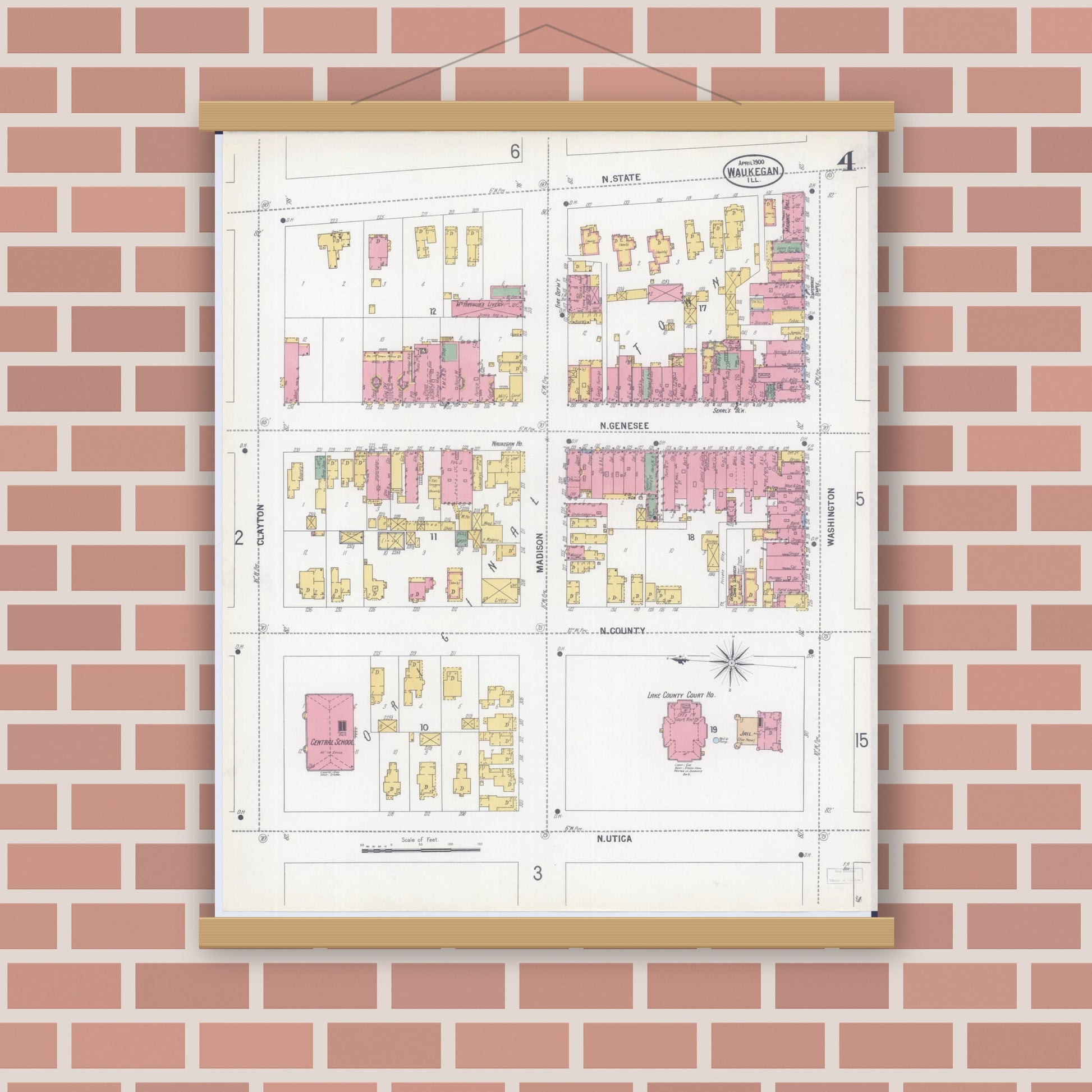 Old map wall art mockup — magnetic wood frame on brick wall — Sanborn Fire Insurance Map from Waukegan, Lake County, Illinois (1900), Sheet #0004