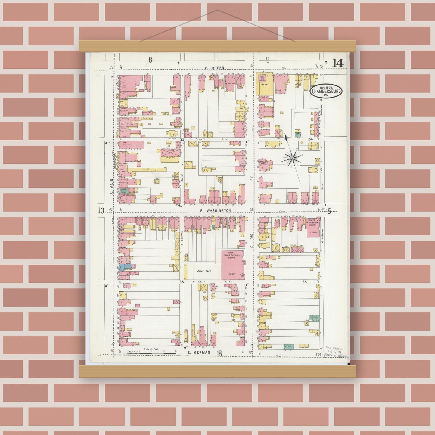 Old map wall art mockup — magnetic wood frame on brick wall — Sanborn Fire Insurance Map from Chambersburg, Franklin County, Pennsylvania (1904), Sheet #0014