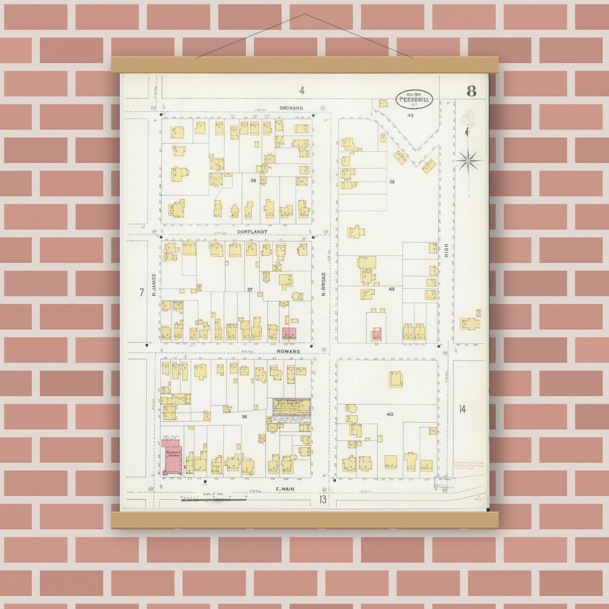 Old map wall art mockup — magnetic wood frame on brick wall — Sanborn Fire Insurance Map from Peekskill, Westchester County, New York (1905), Sheet #0008