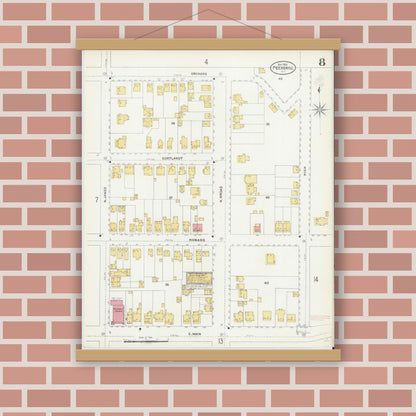 Old map wall art mockup — magnetic wood frame on brick wall — Sanborn Fire Insurance Map from Peekskill, Westchester County, New York (1905), Sheet #0008