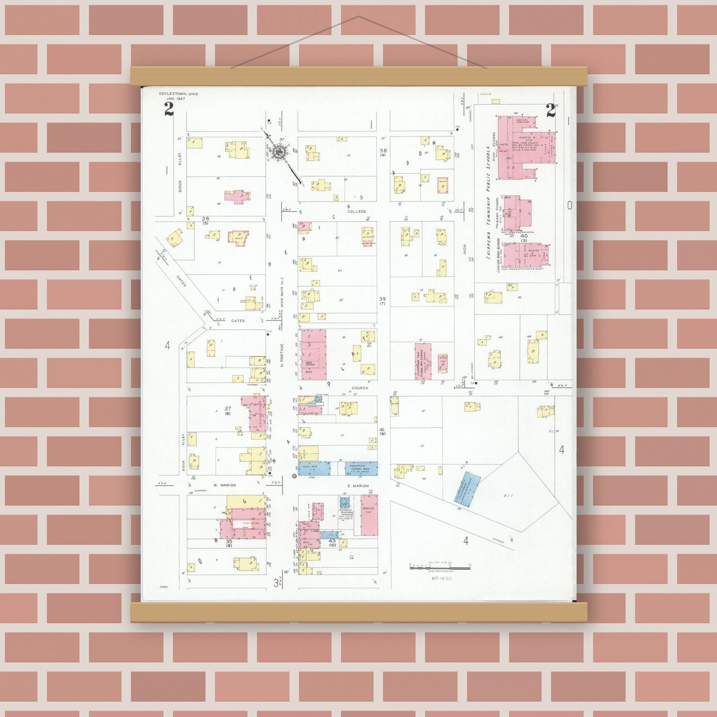 Old map wall art mockup — magnetic wood frame on brick wall — Sanborn Fire Insurance Map from Doylestown, Wayne County, Ohio (1947), Sheet #0002