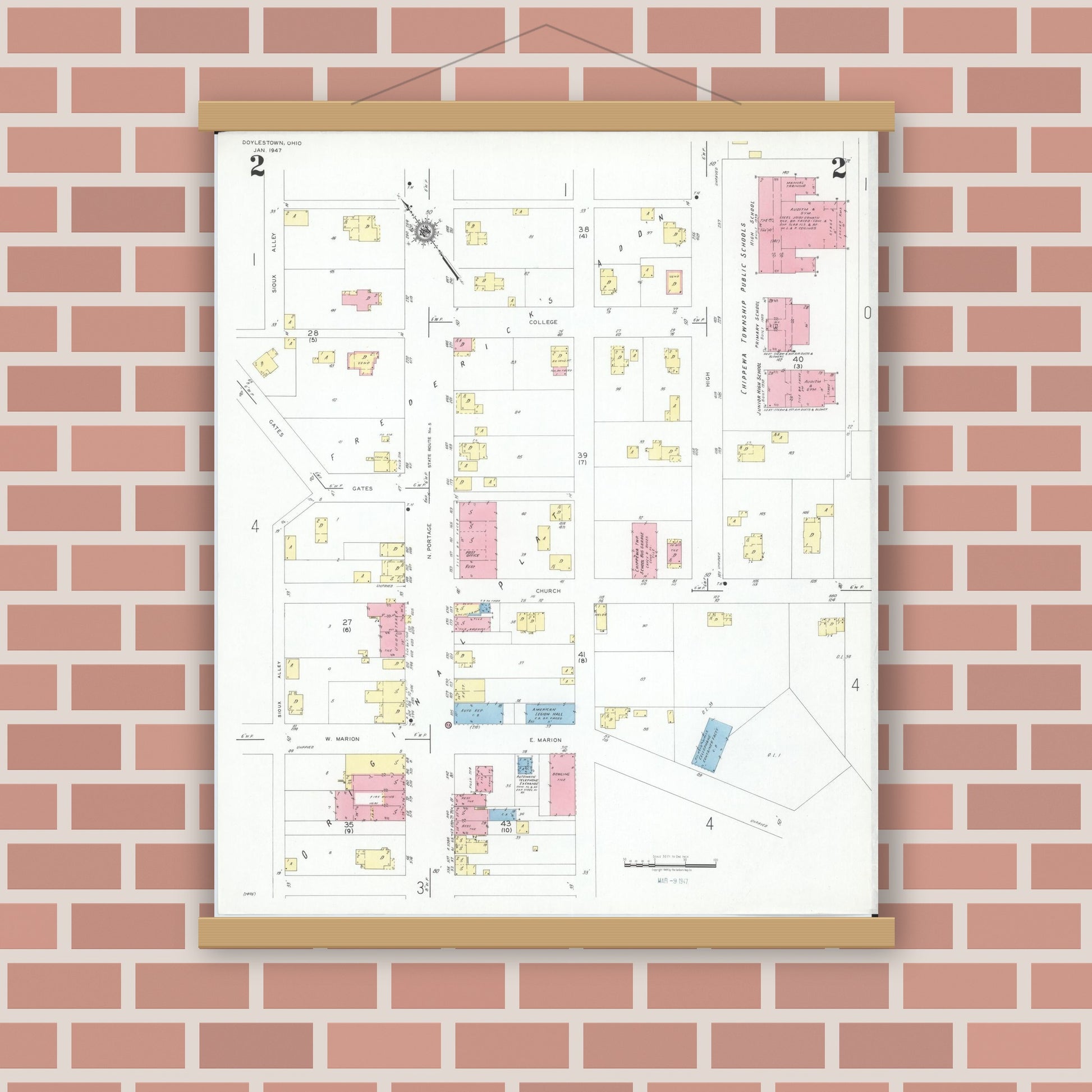 Old map wall art mockup — magnetic wood frame on brick wall — Sanborn Fire Insurance Map from Doylestown, Wayne County, Ohio (1947), Sheet #0002