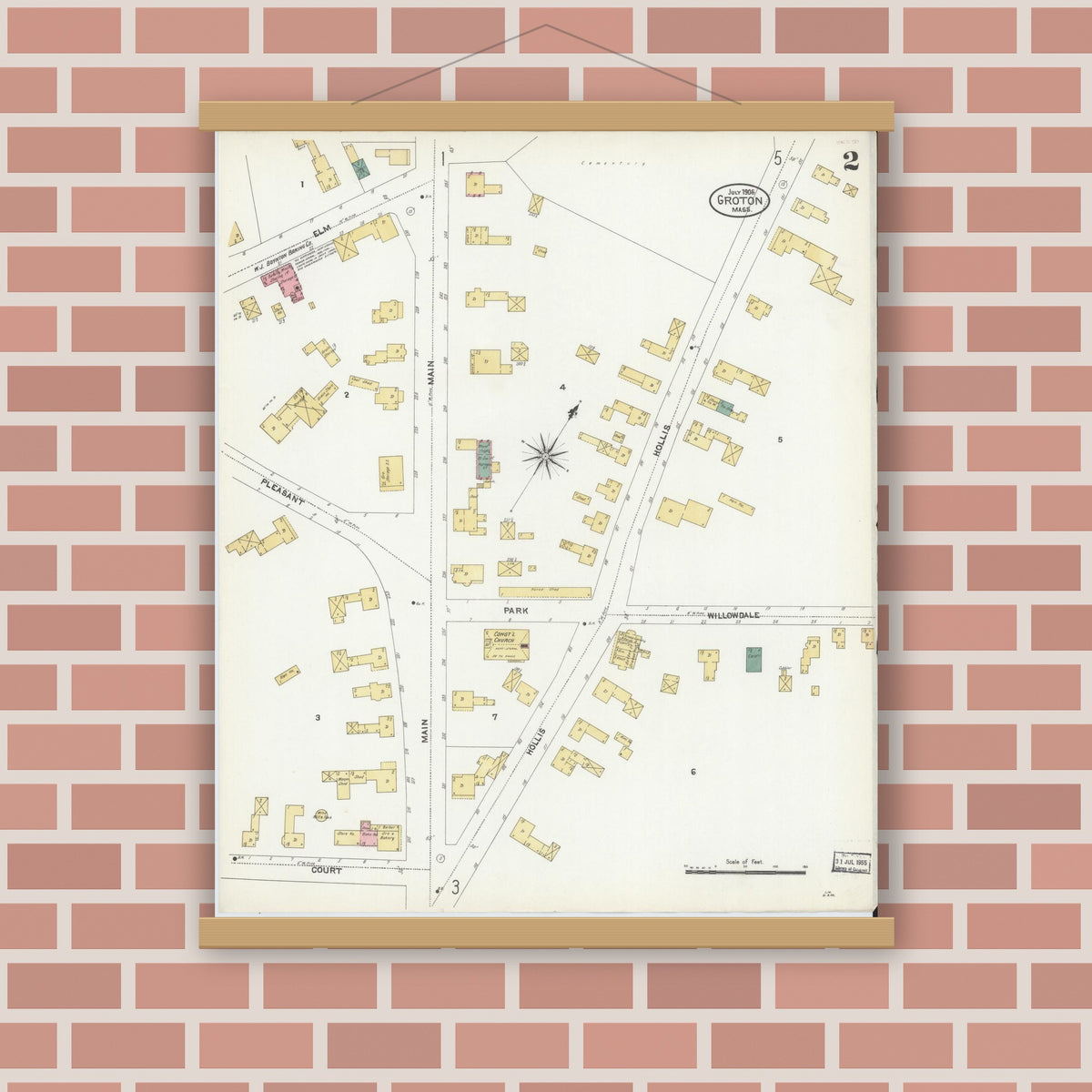 Old map wall art mockup — magnetic wood frame on brick wall — Sanborn Fire Insurance Map from Groton, Middlesex County, Massachusetts (1906), Sheet #0002