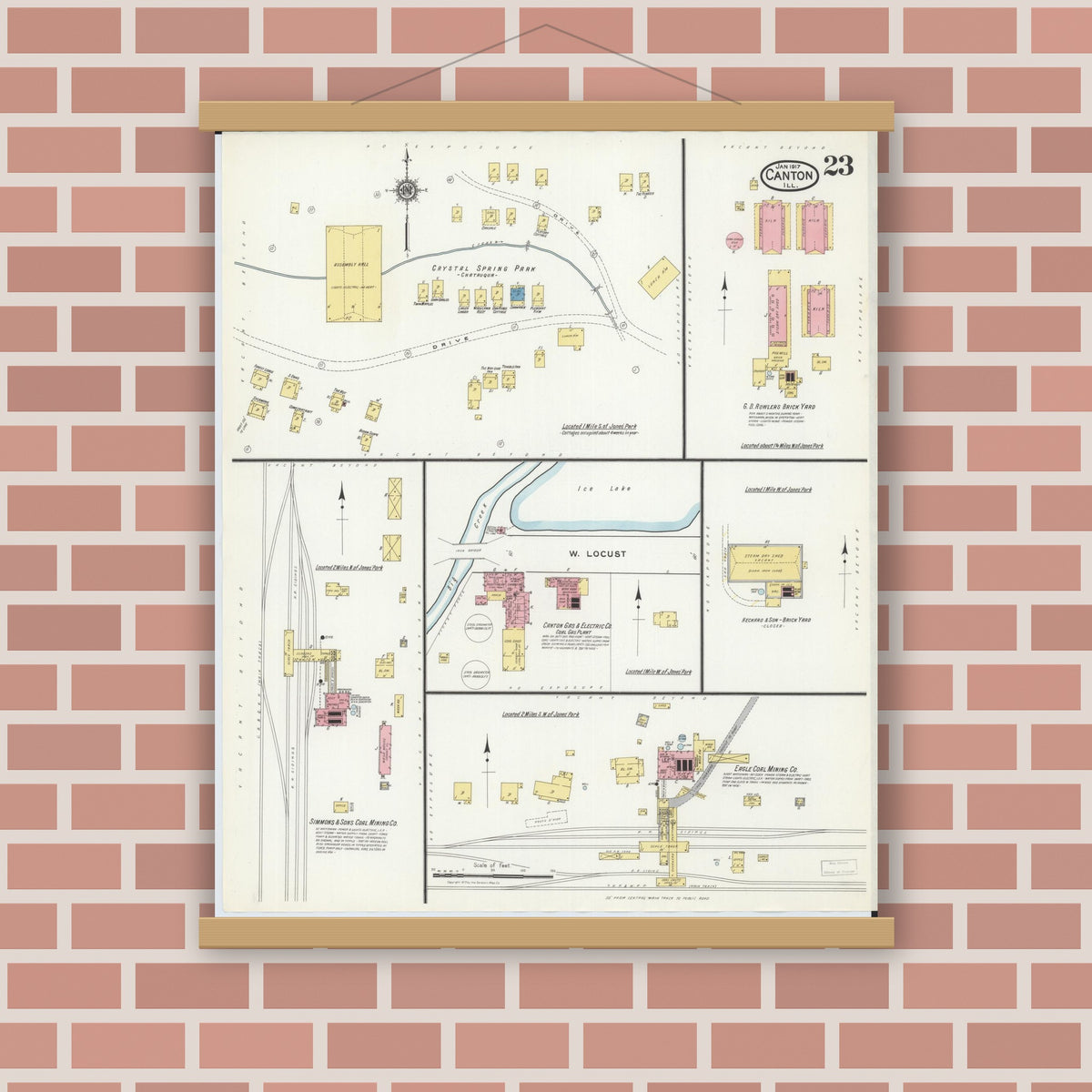 Old map wall art mockup — magnetic wood frame on brick wall — Sanborn Fire Insurance Map from Canton, Fulton County, Illinois (1917), Sheet #0023