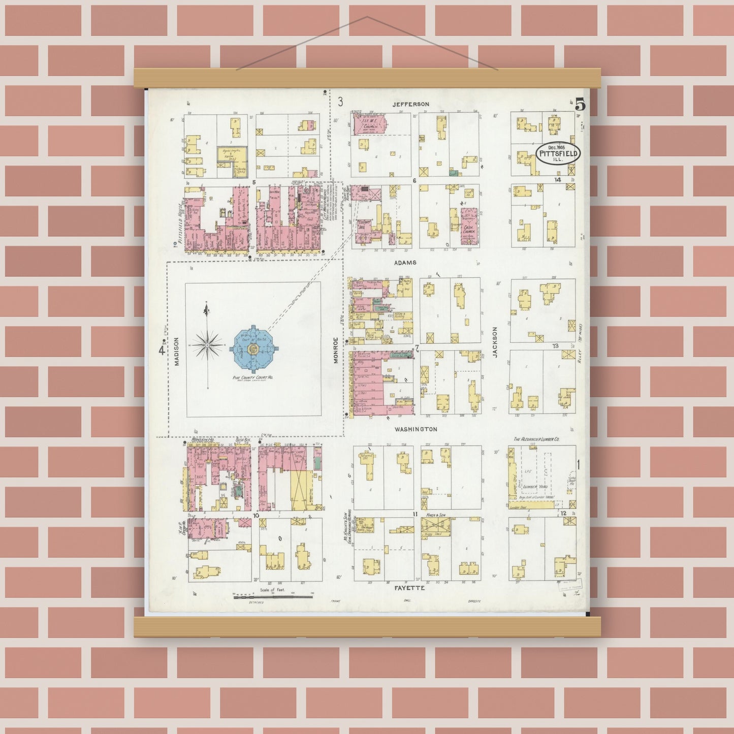 Old map wall art mockup — magnetic wood frame on brick wall — Sanborn Fire Insurance Map from Pittsfield, Pike County, Illinois (1905), Sheet #0005