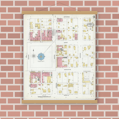 Old map wall art mockup — magnetic wood frame on brick wall — Sanborn Fire Insurance Map from Pittsfield, Pike County, Illinois (1905), Sheet #0005