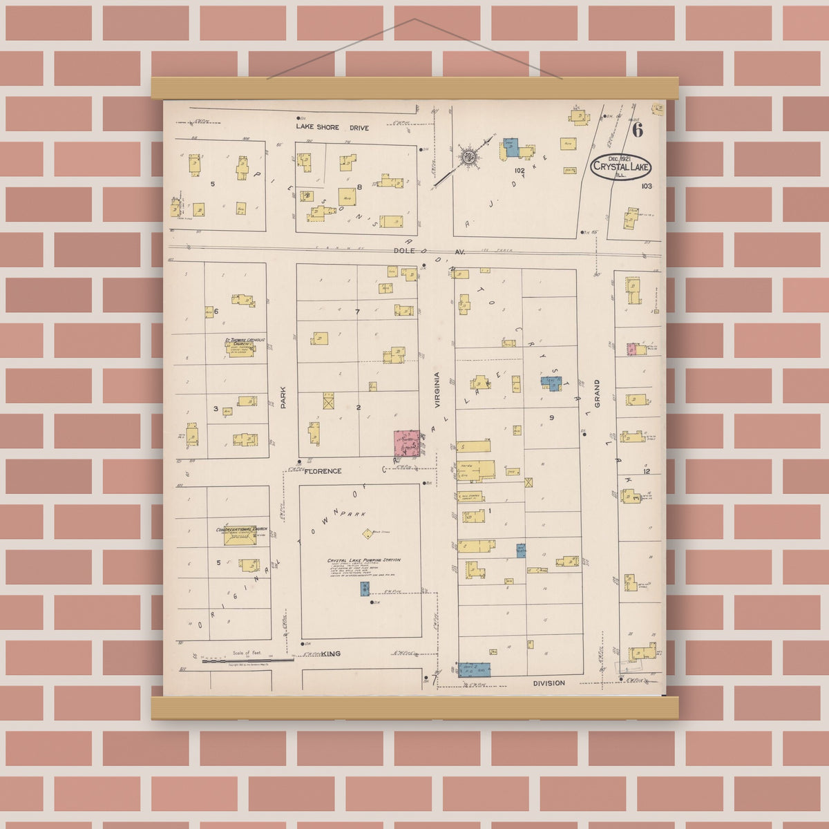 Old map wall art mockup — magnetic wood frame on brick wall — Sanborn Fire Insurance Map from Crystal Lake, McHenry County, Illinois (1921), Sheet #0006