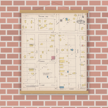 Old map wall art mockup — magnetic wood frame on brick wall — Sanborn Fire Insurance Map from Crystal Lake, McHenry County, Illinois (1921), Sheet #0006
