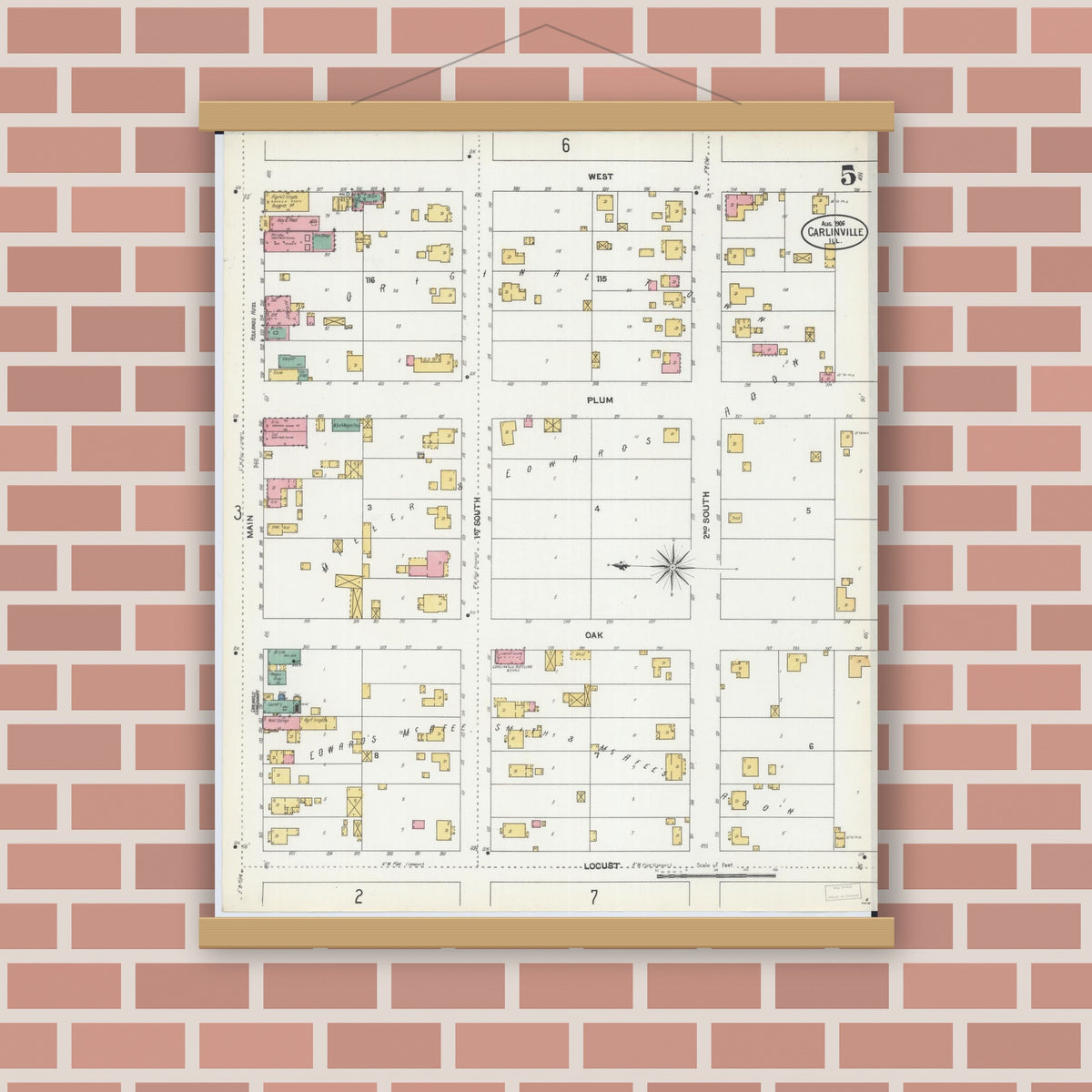 Old map wall art mockup — magnetic wood frame on brick wall — Sanborn Fire Insurance Map from Carlinville, Macoupin County, Illinois (1906), Sheet #0005