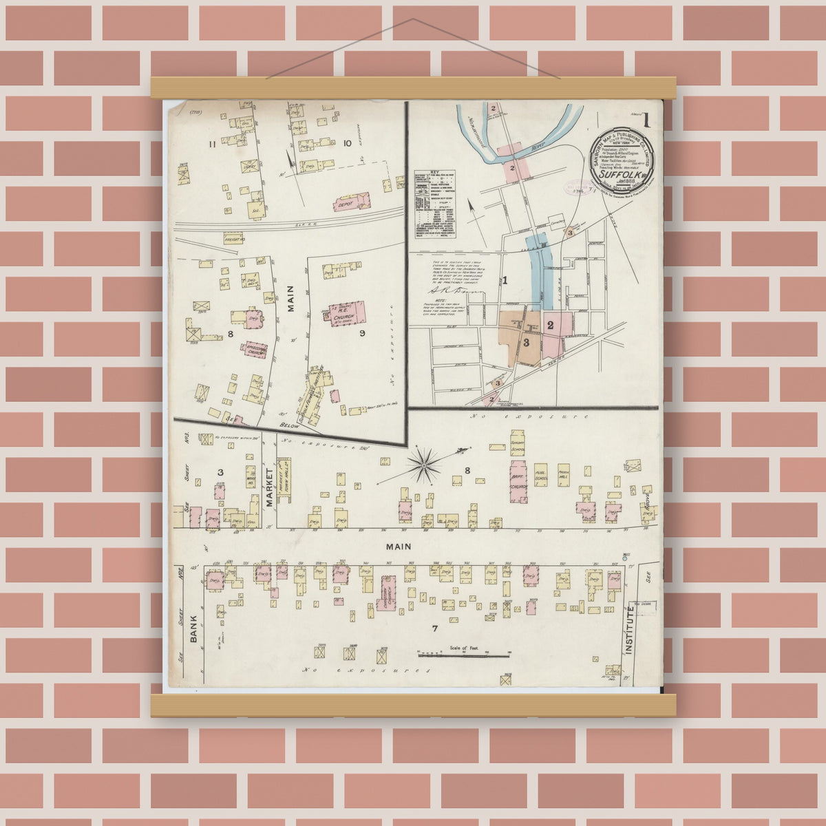 Old map wall art mockup — magnetic wood frame on brick wall — Sanborn Fire Insurance Map from Suffolk, Independent Cities, Virginia (1888), Sheet #0001