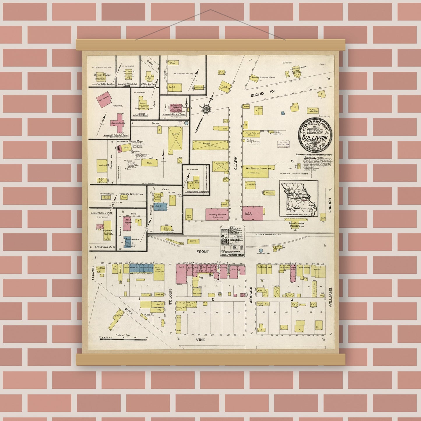 Old map wall art mockup — magnetic wood frame on brick wall — Sanborn Fire Insurance Map from Sullivan, Franklin County, Missouri (1914), Sheet #0001