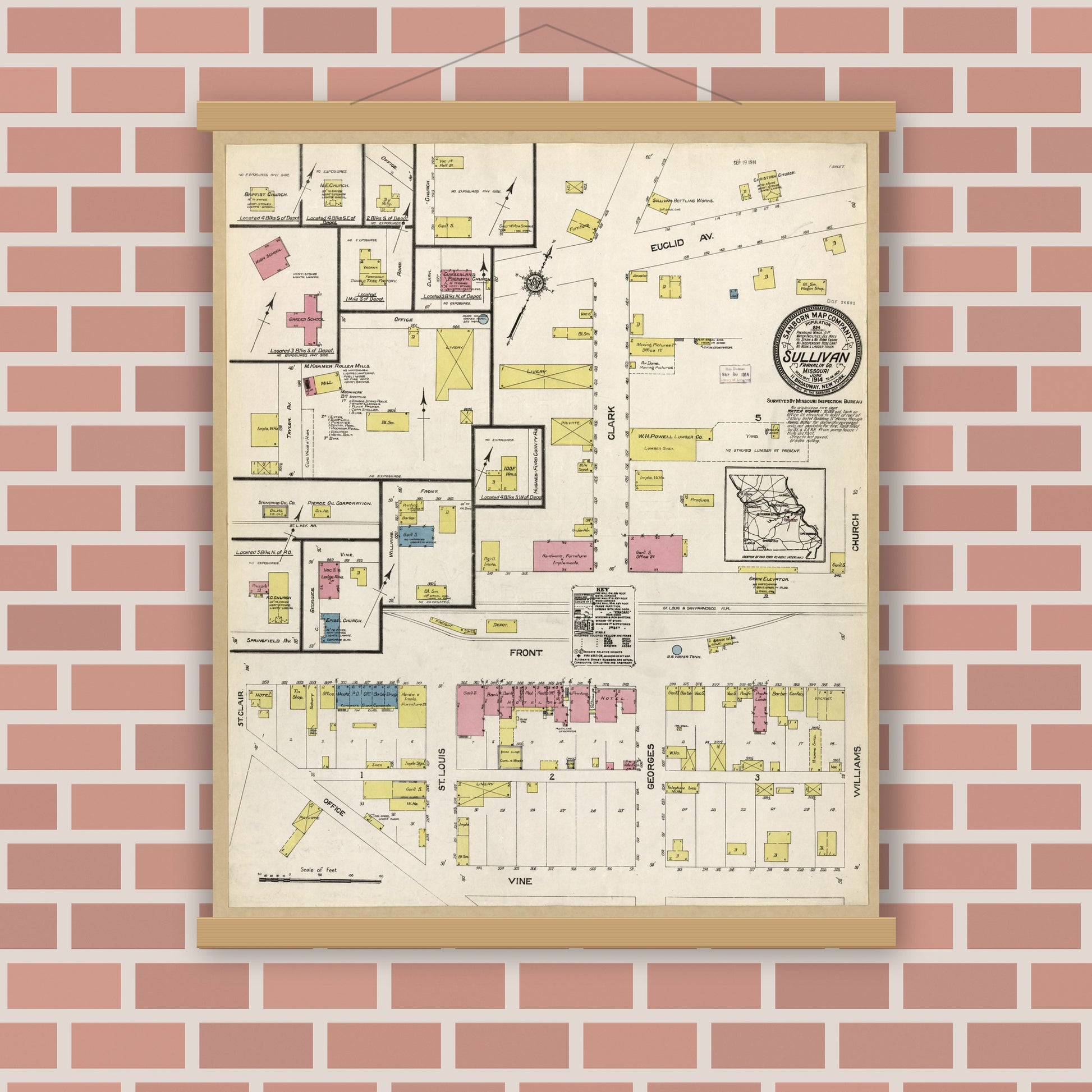 Old map wall art mockup — magnetic wood frame on brick wall — Sanborn Fire Insurance Map from Sullivan, Franklin County, Missouri (1914), Sheet #0001