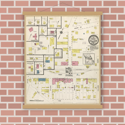 Old map wall art mockup — magnetic wood frame on brick wall — Sanborn Fire Insurance Map from Sullivan, Franklin County, Missouri (1914), Sheet #0001