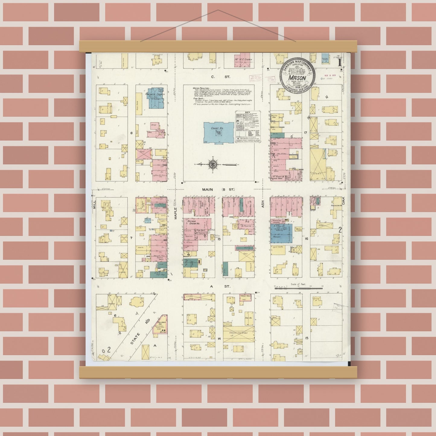 Old map wall art mockup — magnetic wood frame on brick wall — Sanborn Fire Insurance Map from Mason, Ingham County, Michigan (1909) - Complete Map Set