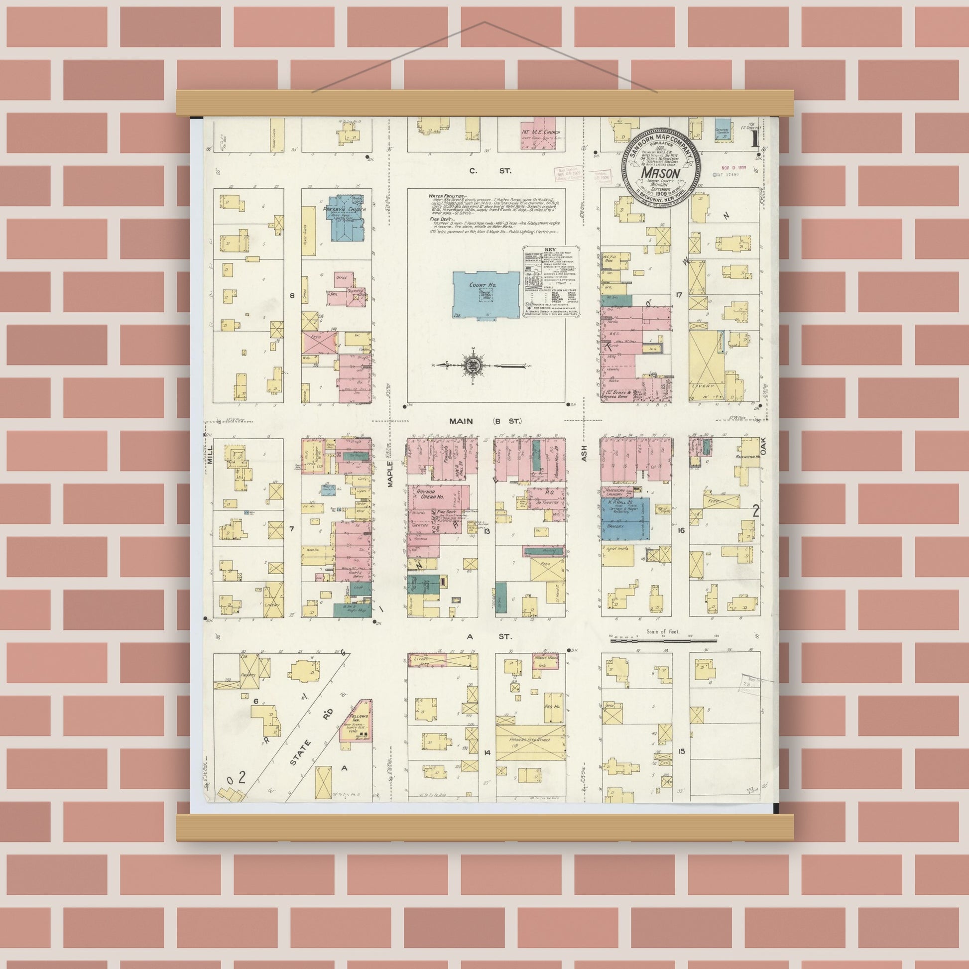Old map wall art mockup — magnetic wood frame on brick wall — Sanborn Fire Insurance Map from Mason, Ingham County, Michigan (1909) - Complete Map Set