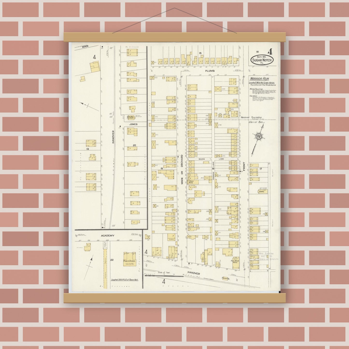 Old map wall art mockup — magnetic wood frame on brick wall — Sanborn Fire Insurance Map from Sugar Notch, Luzerne County, Pennsylvania (1911), Sheet #0004