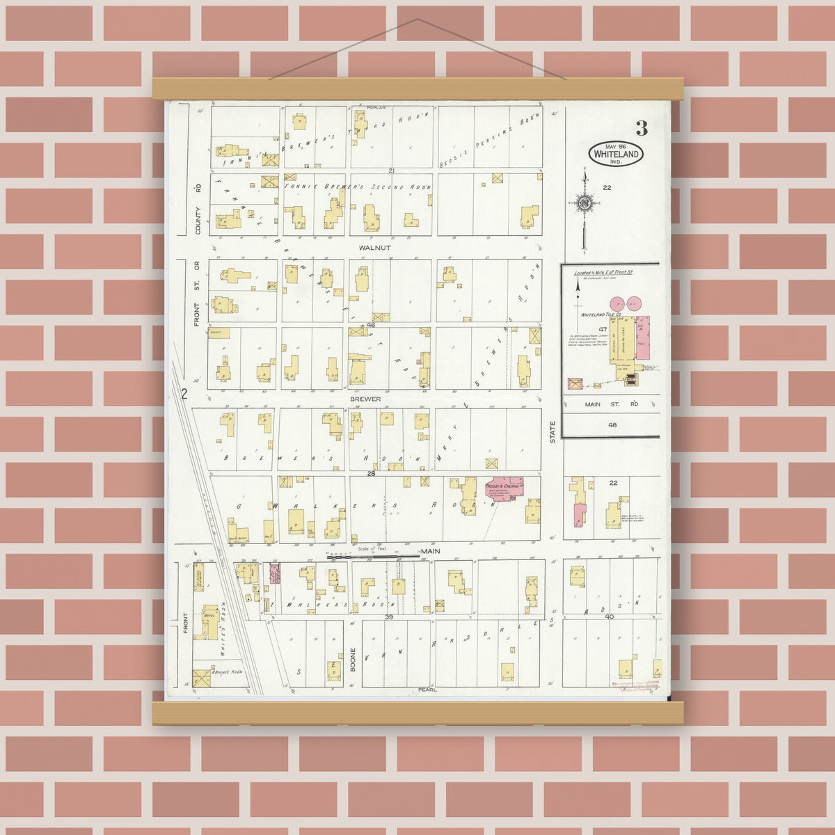 Old map wall art mockup — magnetic wood frame on brick wall — Sanborn Fire Insurance Map from Whiteland, Johnson County, Indiana (1916), Sheet #0003