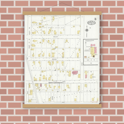 Old map wall art mockup — magnetic wood frame on brick wall — Sanborn Fire Insurance Map from Whiteland, Johnson County, Indiana (1916), Sheet #0003